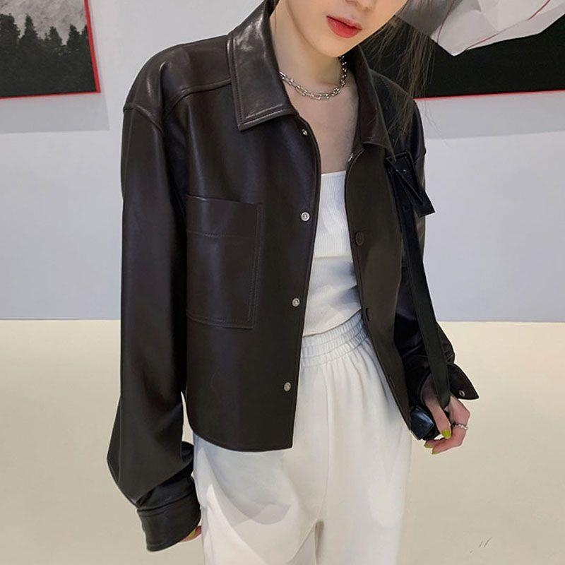Ženska jakna od umjetne kože u stilu Harajuku Hong Kong, biker, ultra kratka duljina ≤40 cm, polo ovratnik, umjetna koža s pranom završnom obradom