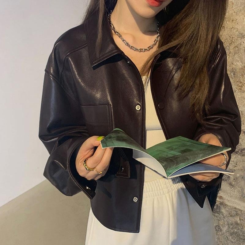 Ženska jakna od umjetne kože u stilu Harajuku Hong Kong, biker, ultra kratka duljina ≤40 cm, polo ovratnik, umjetna koža s pranom završnom obradom