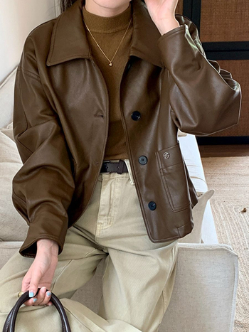 Ženska PU kožna jakna, POLO ovratnik, dugi rukavi, casual stil, marke XIAOMIYINUO