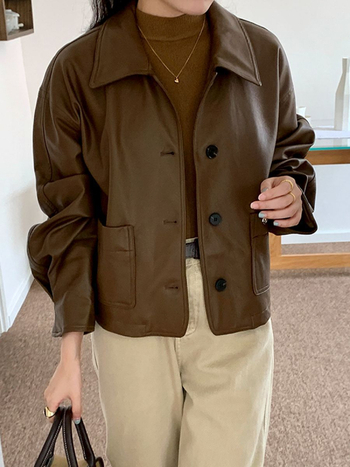 Ženska PU kožna jakna, POLO ovratnik, dugi rukavi, casual stil, marke XIAOMIYINUO