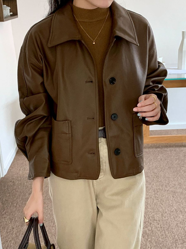 Ženska PU kožna jakna, POLO ovratnik, dugi rukavi, casual stil, marke XIAOMIYINUO