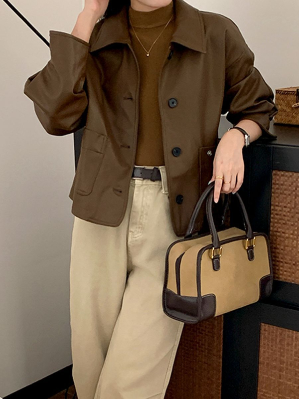 Ženska PU kožna jakna, POLO ovratnik, dugi rukavi, casual stil, marke XIAOMIYINUO