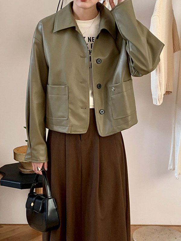 Ženska PU kožna jakna, POLO ovratnik, dugi rukavi, casual stil, marke XIAOMIYINUO