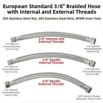 Ανοξείδωτος εύκαμπτος σωλήνας με μεταλλικό πλέγμα – προσαρμογέας σωλήνα εισροής με εξωτερική βίδα 3/8, 304 ανοξείδωτο ατσάλι, χειροκίνητη σύνδεση, 0–90°C, 1.0 MPa