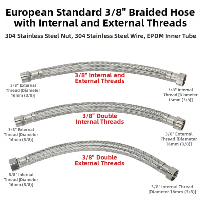 Ανοξείδωτος εύκαμπτος σωλήνας με μεταλλικό πλέγμα – προσαρμογέας σωλήνα εισροής με εξωτερική βίδα 3/8, 304 ανοξείδωτο ατσάλι, χειροκίνητη σύνδεση, 0–90°C, 1.0 MPa