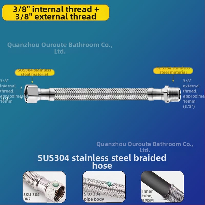 Ανοξείδωτος εύκαμπτος σωλήνας με μεταλλικό πλέγμα – προσαρμογέας σωλήνα εισροής με εξωτερική βίδα 3/8, 304 ανοξείδωτο ατσάλι, χειροκίνητη σύνδεση, 0–90°C, 1.0 MPa