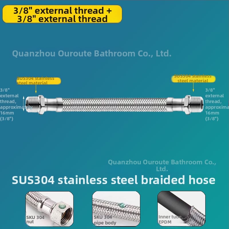 Ανοξείδωτος εύκαμπτος σωλήνας με μεταλλικό πλέγμα – προσαρμογέας σωλήνα εισροής με εξωτερική βίδα 3/8, 304 ανοξείδωτο ατσάλι, χειροκίνητη σύνδεση, 0–90°C, 1.0 MPa