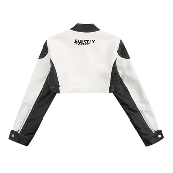 Ženska PU kožna jakna s izvezenim motivom, stojeći ovratnik, prednji zatvarač, dugi rukavi, gradski moto stil.