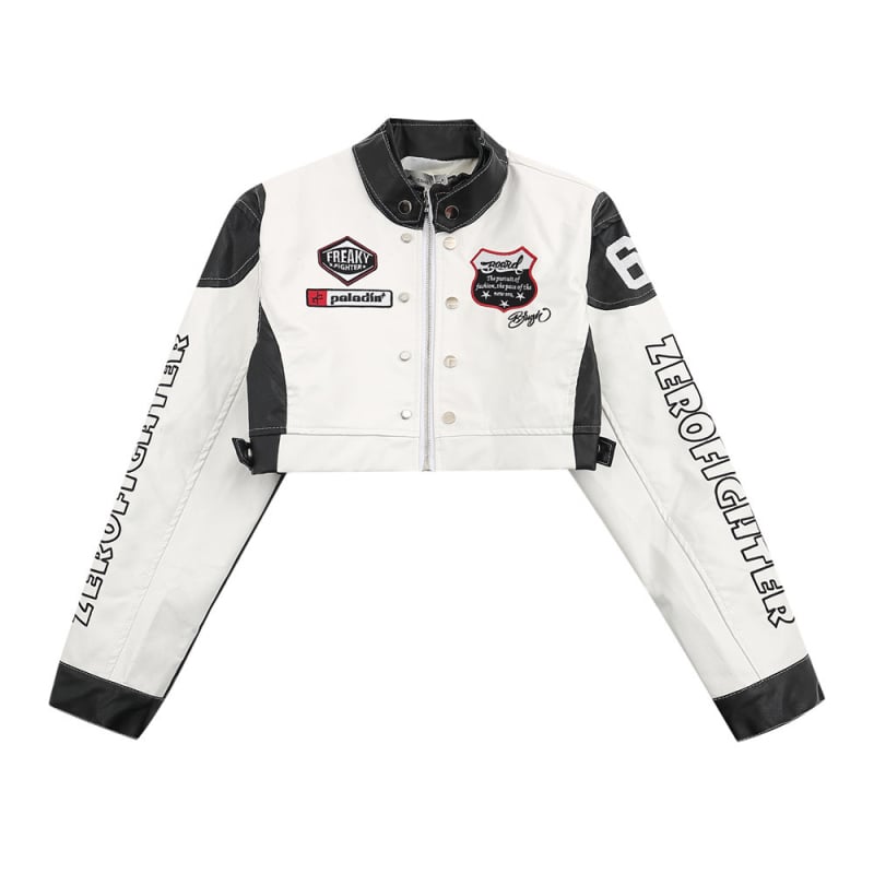 Ženska PU kožna jakna s izvezenim motivom, stojeći ovratnik, prednji zatvarač, dugi rukavi, gradski moto stil.