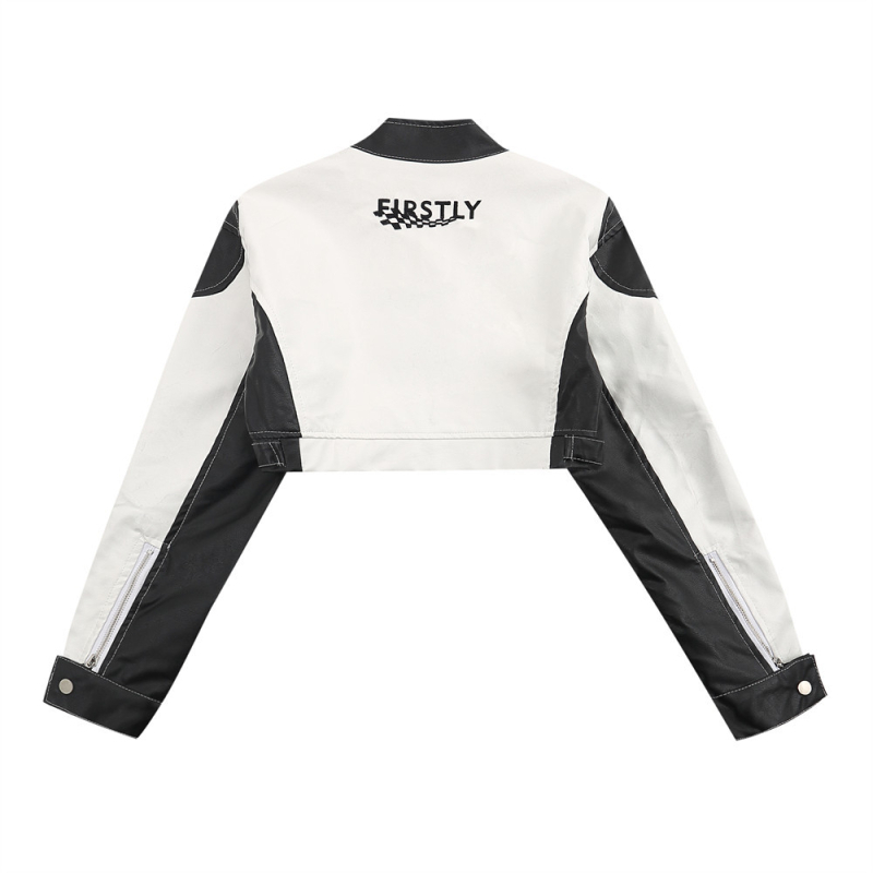 Ženska PU kožna jakna s izvezenim motivom, stojeći ovratnik, prednji zatvarač, dugi rukavi, gradski moto stil.