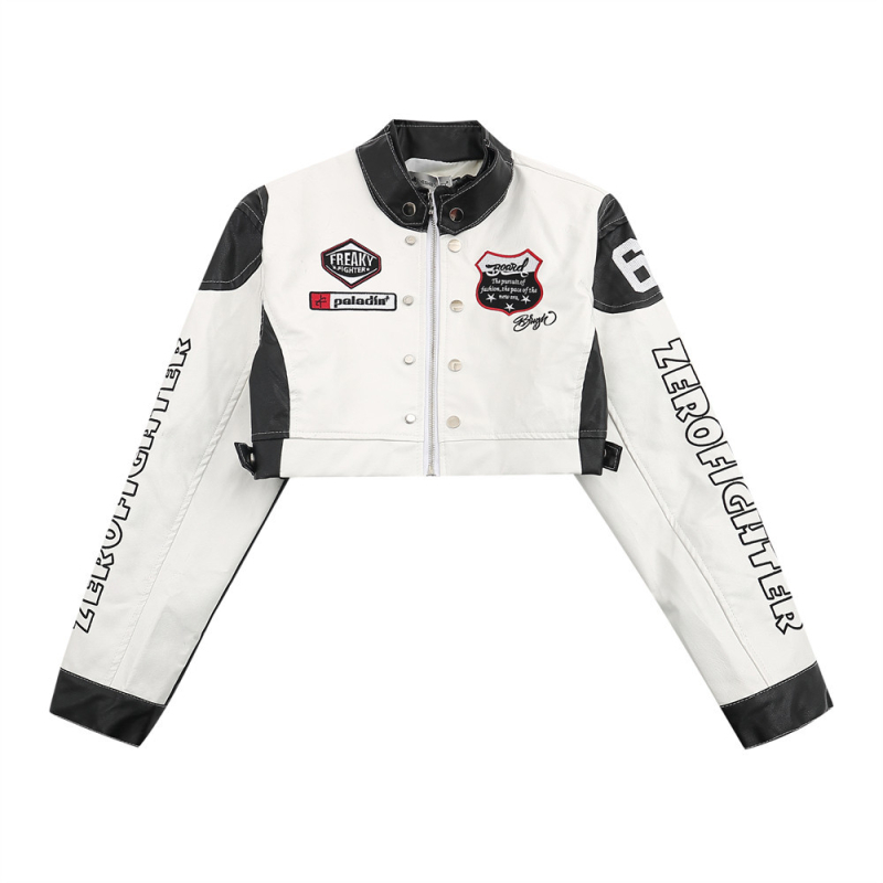 Ženska PU kožna jakna s izvezenim motivom, stojeći ovratnik, prednji zatvarač, dugi rukavi, gradski moto stil.