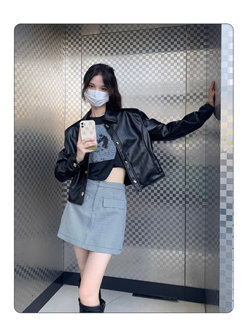 Geacă de piele pentru femei – croială Slim, lungime ultra- scurtă, guler polo, piele artificială cu spandex, piele spălată