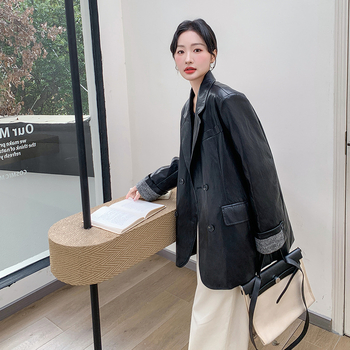 Ženska jakna od umjetne kože, sako-stil ovratnik, slobodan kroj, dugi rukavi, dvostruki red gumba, casual japansko-korejski stil