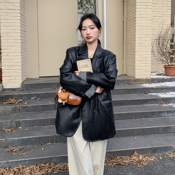 Ženska jakna od umjetne kože, sako-stil ovratnik, slobodan kroj, dugi rukavi, dvostruki red gumba, casual japansko-korejski stil