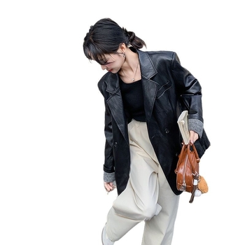 Ženska jakna od umjetne kože, sako-stil ovratnik, slobodan kroj, dugi rukavi, dvostruki red gumba, casual japansko-korejski stil