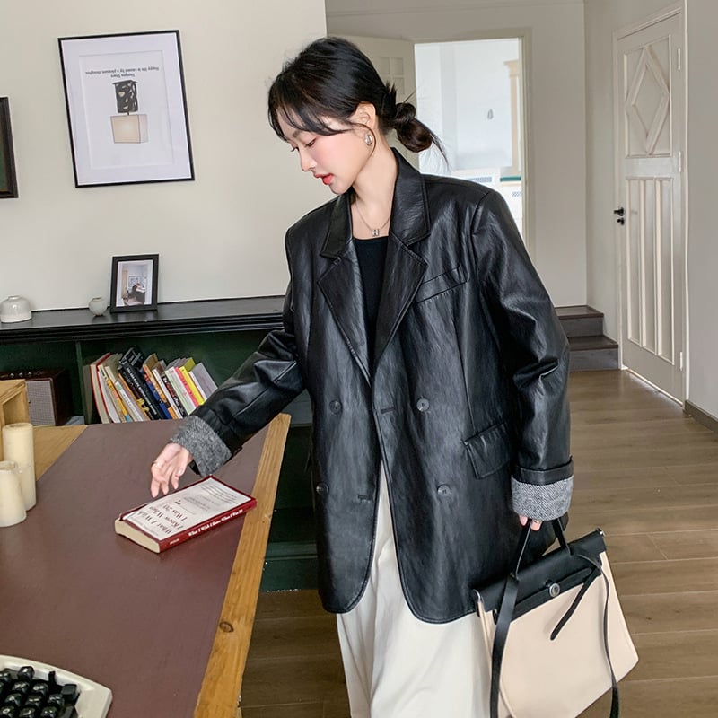 Ženska jakna od umjetne kože, sako-stil ovratnik, slobodan kroj, dugi rukavi, dvostruki red gumba, casual japansko-korejski stil