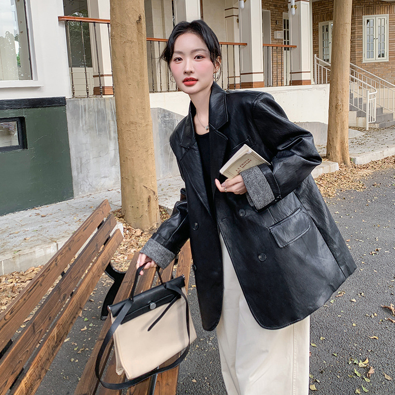 Ženska jakna od umjetne kože, sako-stil ovratnik, slobodan kroj, dugi rukavi, dvostruki red gumba, casual japansko-korejski stil