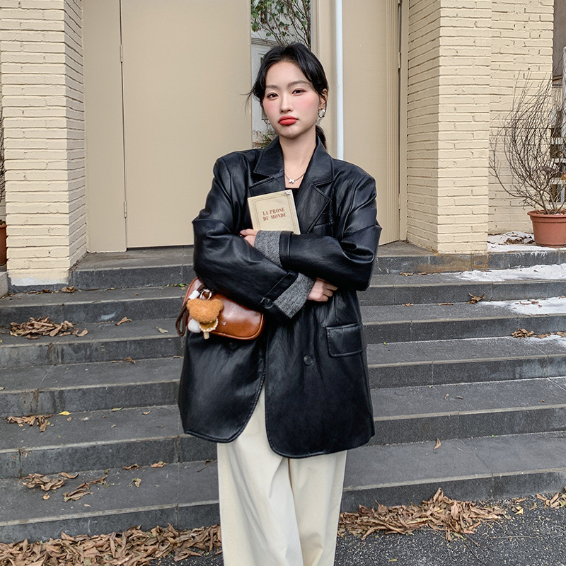 Ženska jakna od umjetne kože, sako-stil ovratnik, slobodan kroj, dugi rukavi, dvostruki red gumba, casual japansko-korejski stil