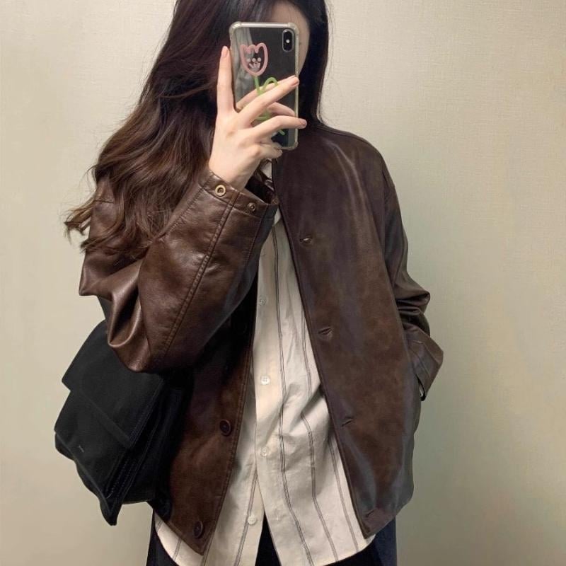 Ženska PU kožna jakna sa stojećim ovratnikom i kopčom — ultra kratka duljina, dugi rukavi, imitacija kože, jesen 2025