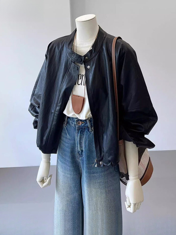 Ženska jakna od umjetne kože – ultra kratka duljina ≤40 cm, stojeći ovratnik, zip, dugi rukavi