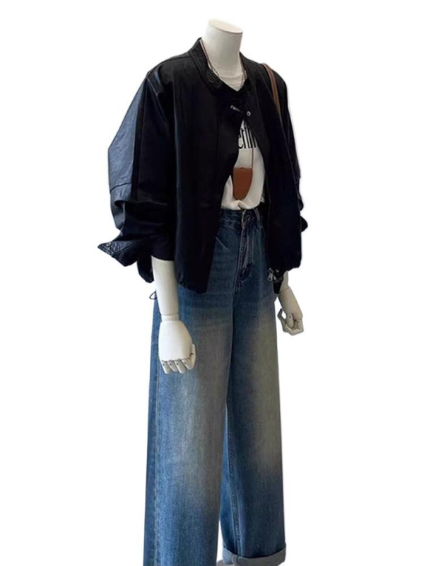 Ženska jakna od umjetne kože – ultra kratka duljina ≤40 cm, stojeći ovratnik, zip, dugi rukavi