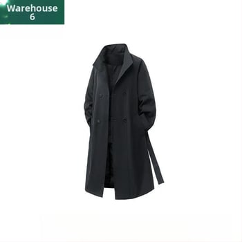 Palton bărbătesc midi, cu nasturi dubli, guler lapel, curea, material vinilon-lycra, buzunare laterale, croială lejeră, pentru toamnă