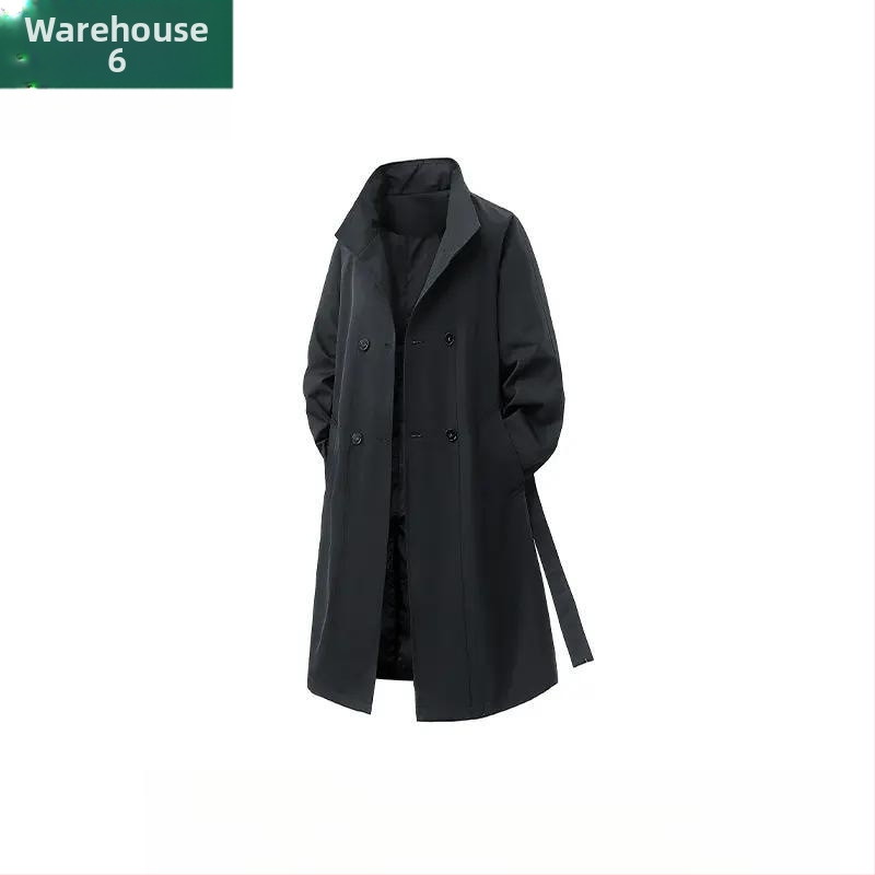 Palton bărbătesc midi, cu nasturi dubli, guler lapel, curea, material vinilon-lycra, buzunare laterale, croială lejeră, pentru toamnă