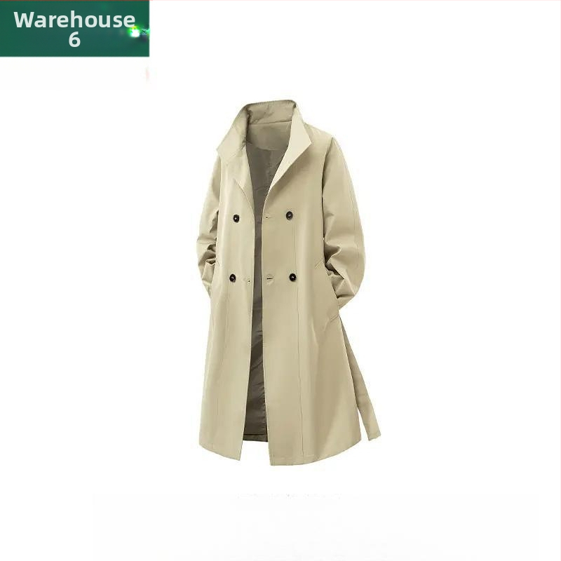 Palton bărbătesc midi, cu nasturi dubli, guler lapel, curea, material vinilon-lycra, buzunare laterale, croială lejeră, pentru toamnă