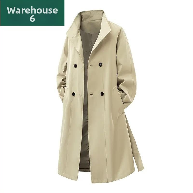 Palton bărbătesc midi, cu nasturi dubli, guler lapel, curea, material vinilon-lycra, buzunare laterale, croială lejeră, pentru toamnă