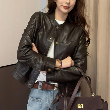 Ženska jakna od imitacijske kože, motociklistički stil, gradski street style, PU materijal, prednji zatvarač s jednim redom kopči i više kopči