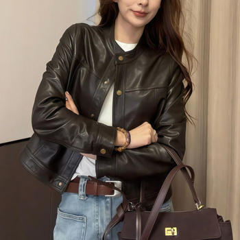 Ženska jakna od imitacijske kože, motociklistički stil, gradski street style, PU materijal, prednji zatvarač s jednim redom kopči i više kopči