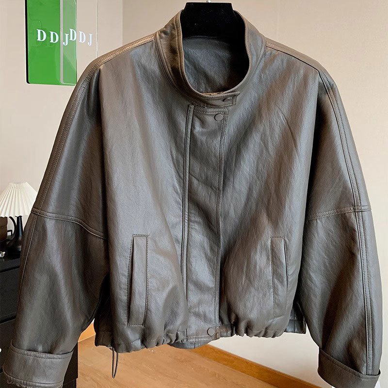 Maillard ženska kožna jakna, dugačka preko 100 cm, stojeći ovratnik, izuzetno dugi rukavi, zip zatvarač