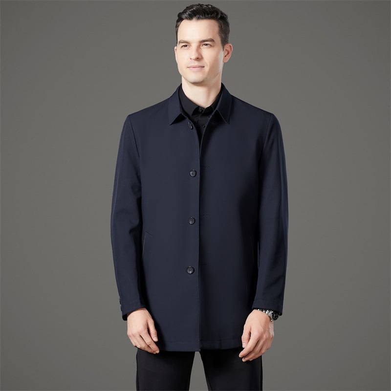 Geacă de vânt pentru bărbați, stil business casual, lungime medie, rever, închidere cu nasturi simpli