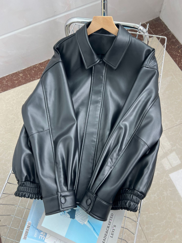 Ženska kožna jakna od janjeće kože, zip prednji zatvarač, baseball ovratnik, slobodan kroj, japansko-korejski casual stil