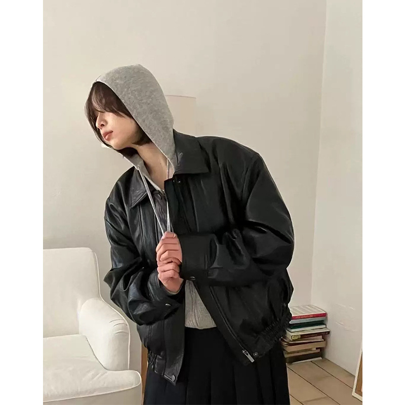 PU kožna jakna s ovratnikom i zip zatvaračem, kratka proljetna jakna, vintage casual stil