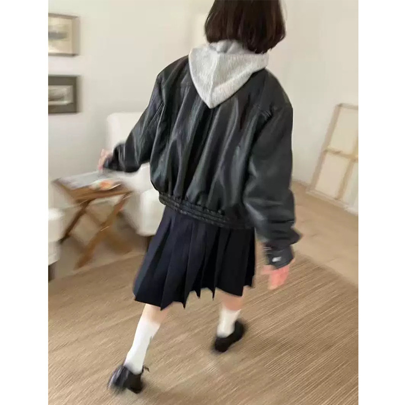 PU kožna jakna s ovratnikom i zip zatvaračem, kratka proljetna jakna, vintage casual stil