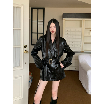 Geacă din piele PU, lungime medie, guler de sacou, croială lejeră, mâneci lungi, pentru femei