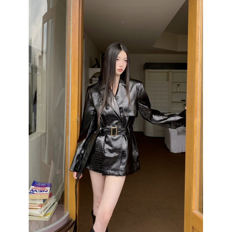 Geacă din piele PU, lungime medie, guler de sacou, croială lejeră, mâneci lungi, pentru femei