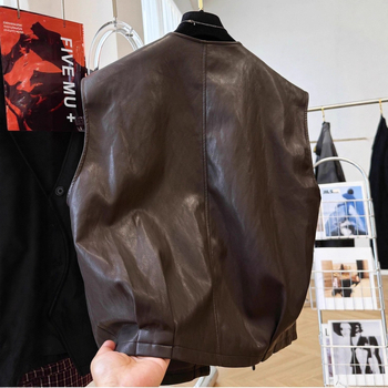 Vestă din piele PU cu decolteu în V, fără mâneci, design patchwork, îmbrăcăminte casual pentru femei, toamna 2025