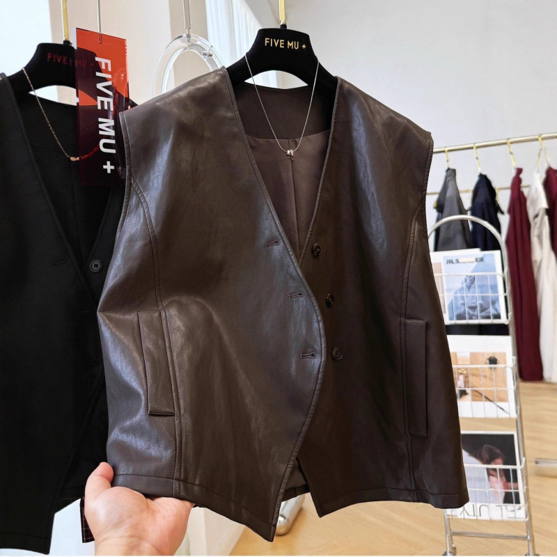 Vestă din piele PU cu decolteu în V, fără mâneci, design patchwork, îmbrăcăminte casual pentru femei, toamna 2025