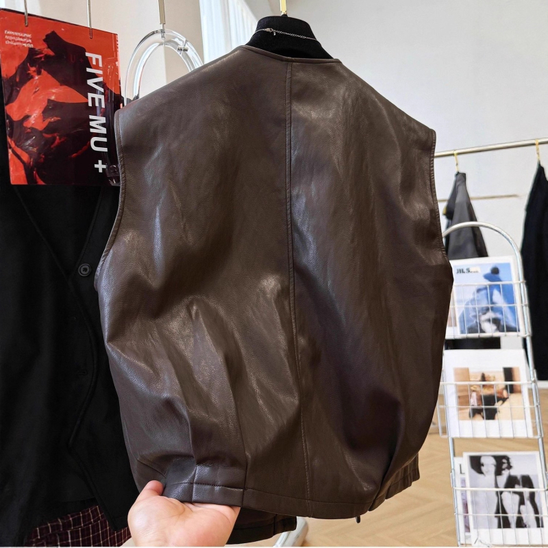 Vestă din piele PU cu decolteu în V, fără mâneci, design patchwork, îmbrăcăminte casual pentru femei, toamna 2025