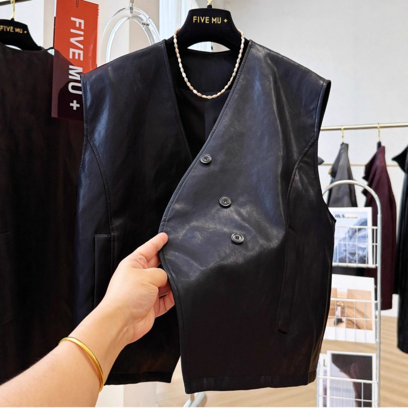 Vestă din piele PU cu decolteu în V, fără mâneci, design patchwork, îmbrăcăminte casual pentru femei, toamna 2025