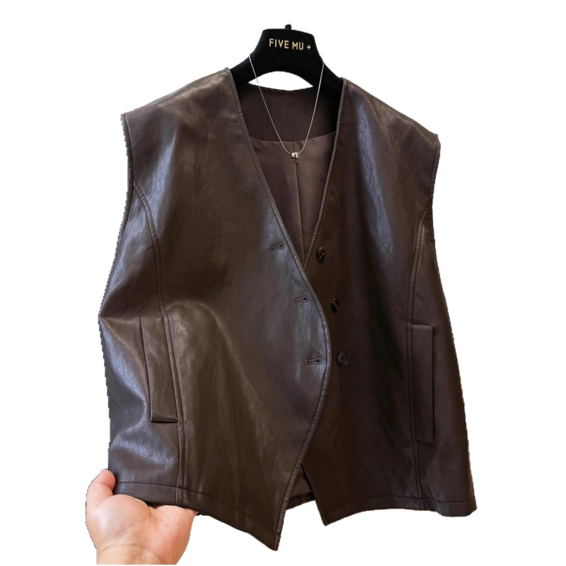 Vestă din piele PU cu decolteu în V, fără mâneci, design patchwork, îmbrăcăminte casual pentru femei, toamna 2025