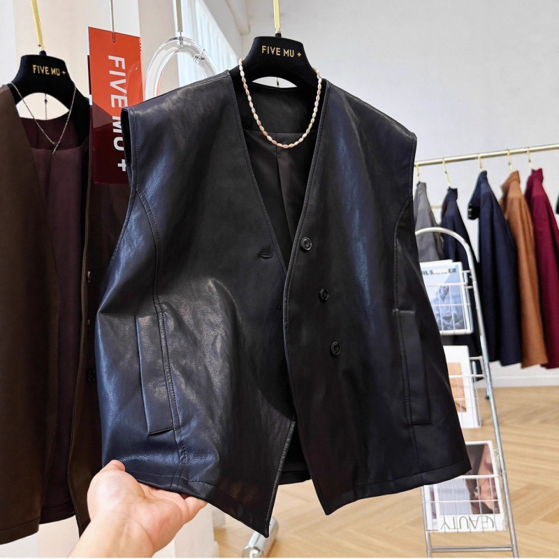 Vestă din piele PU cu decolteu în V, fără mâneci, design patchwork, îmbrăcăminte casual pentru femei, toamna 2025
