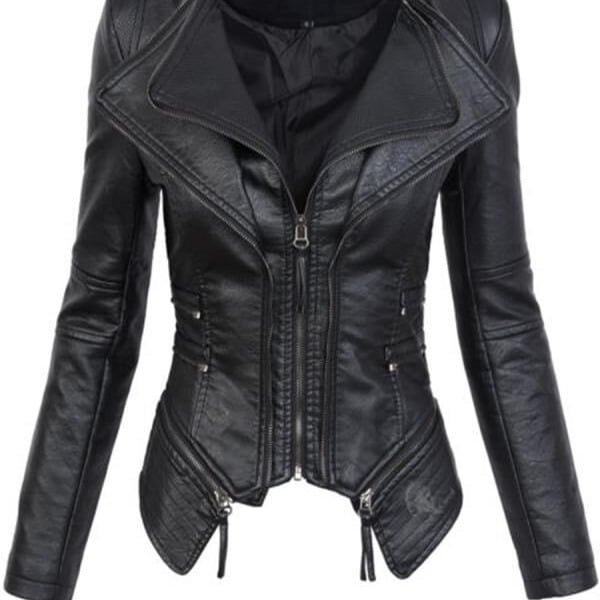 PU кожено яке с цип и панели в стил пачворк, стояща яка