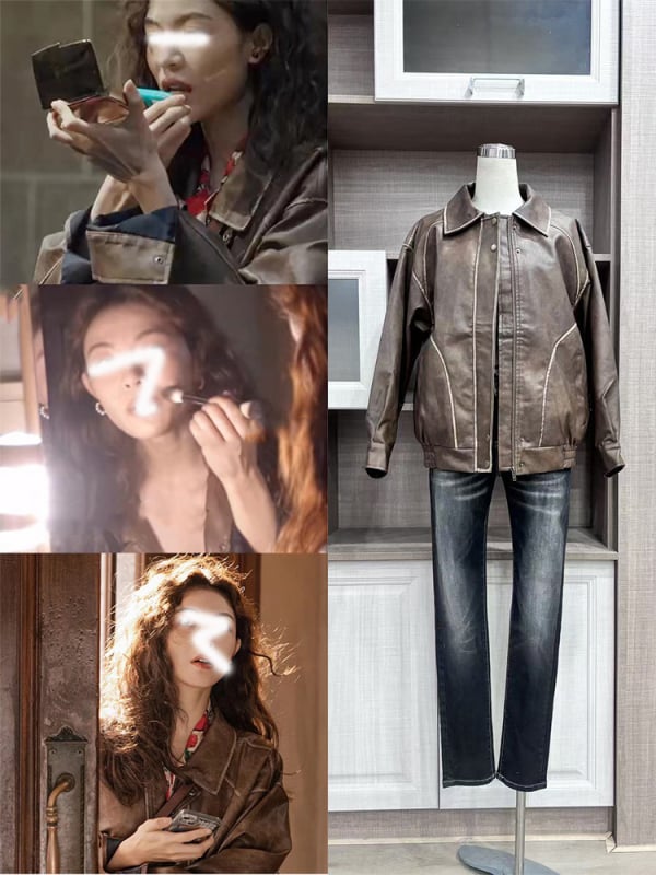 Ženska PU kožna jakna slobodnog kroja, polo ovratnik, zip zatvarač, dugi rukavi, ulični stil