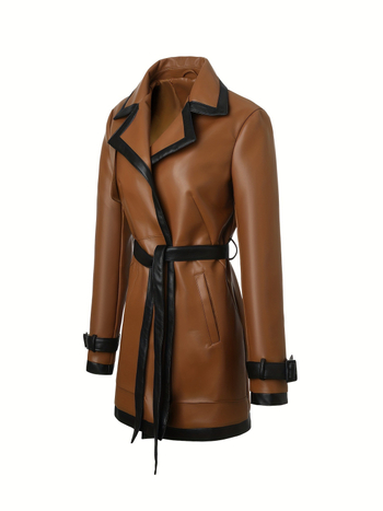 Ženski PU kožni trench coat, dvostruko kopčanje, podesivi pojas, rever