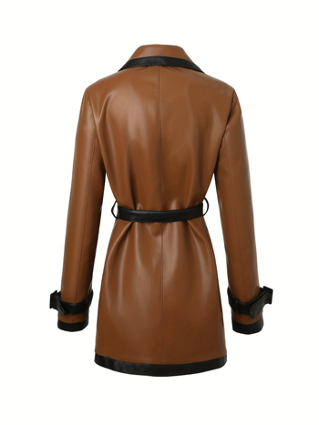 Ženski PU kožni trench coat, dvostruko kopčanje, podesivi pojas, rever