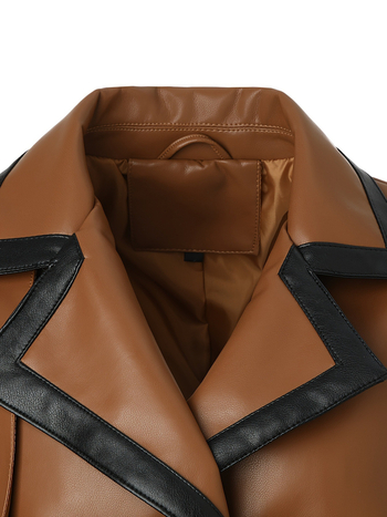 Ženski PU kožni trench coat, dvostruko kopčanje, podesivi pojas, rever