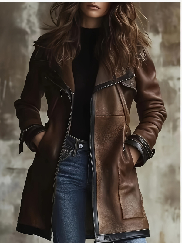 Ženski PU kožni trench coat, dvostruko kopčanje, podesivi pojas, rever